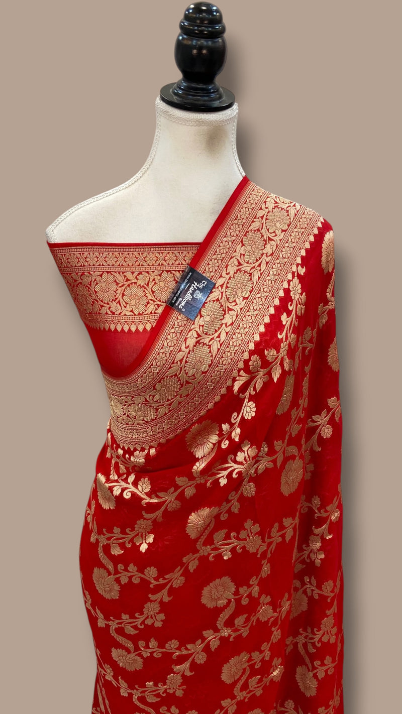 Pure Khaddi Georgette Handloom Banarasi Saree - Silver Zari