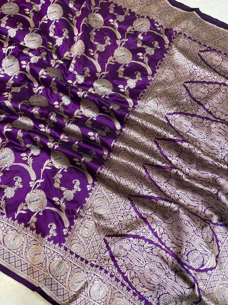 Pure Katan Silk Banarasi Handloom Saree - All over Sona Roopa Jaal work - The Handlooms