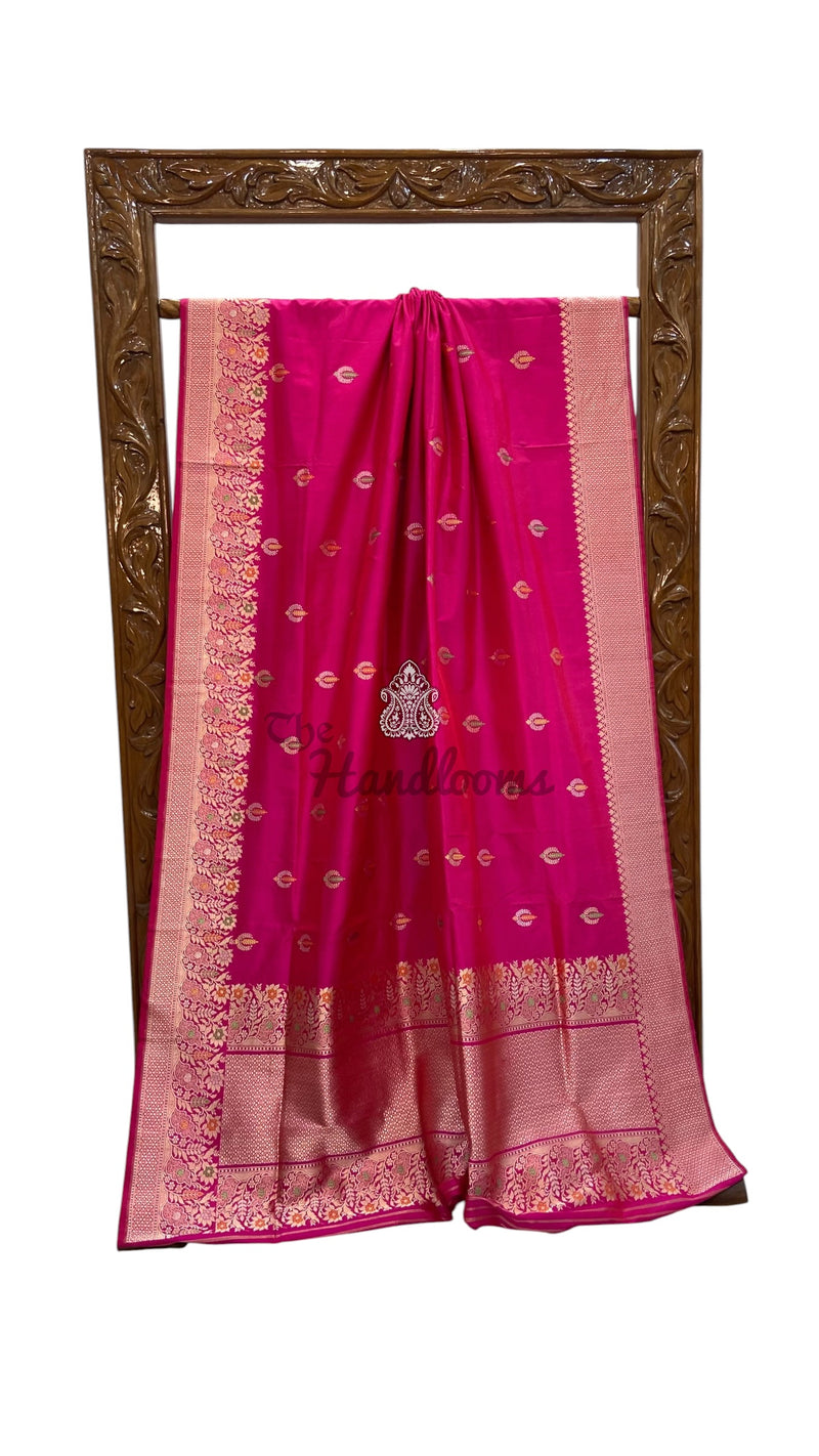 Hot Pink Pure Katan Silk Banarasi Handloom Saree - All Over Sona Roopa Kadua Motifs