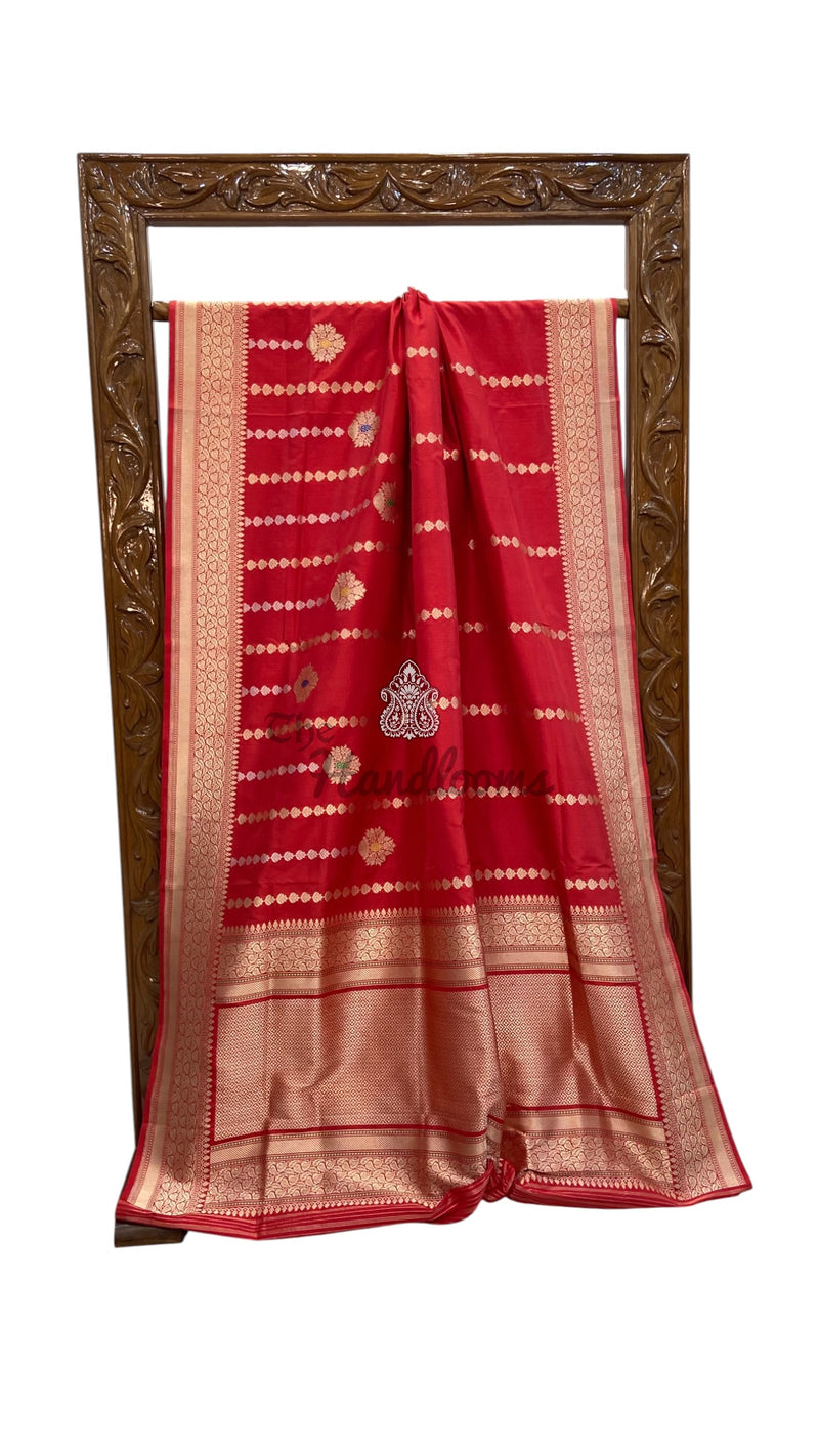 Red Pure Katan Silk Banarasi Handloom Saree - All Over Kadua Stripe