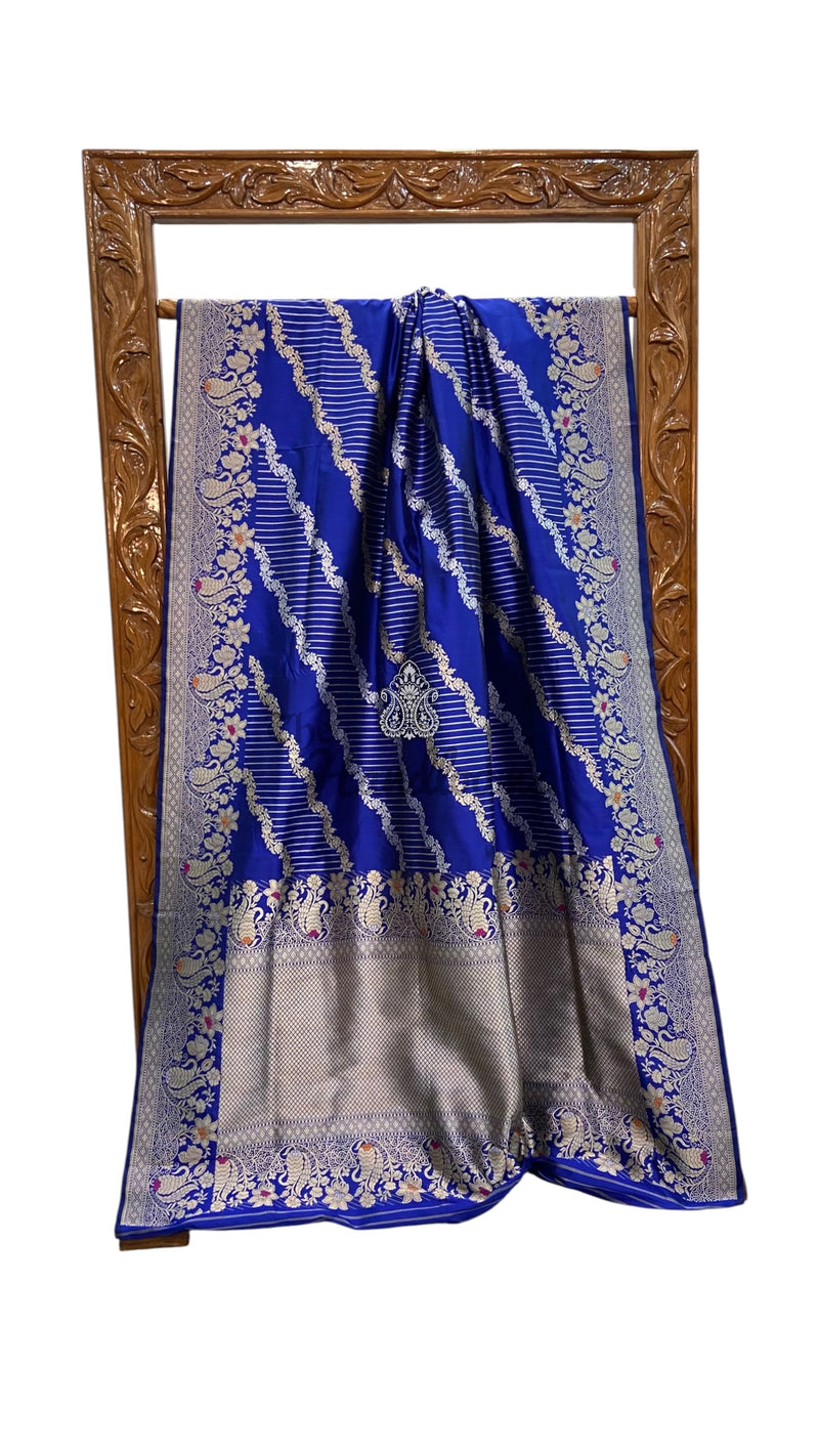 Royal Blue Pure Katan Silk Banarasi Handloom Saree - All Over Kadiyal Jaal Work