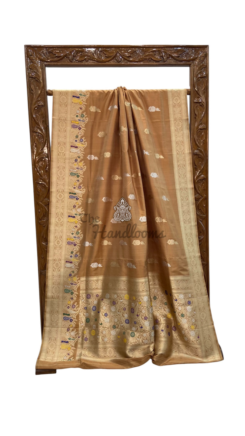 Golden Brown Pure Katan Silk Banarasi Handloom Saree - All Over Sona Roopa Kadua Motifs