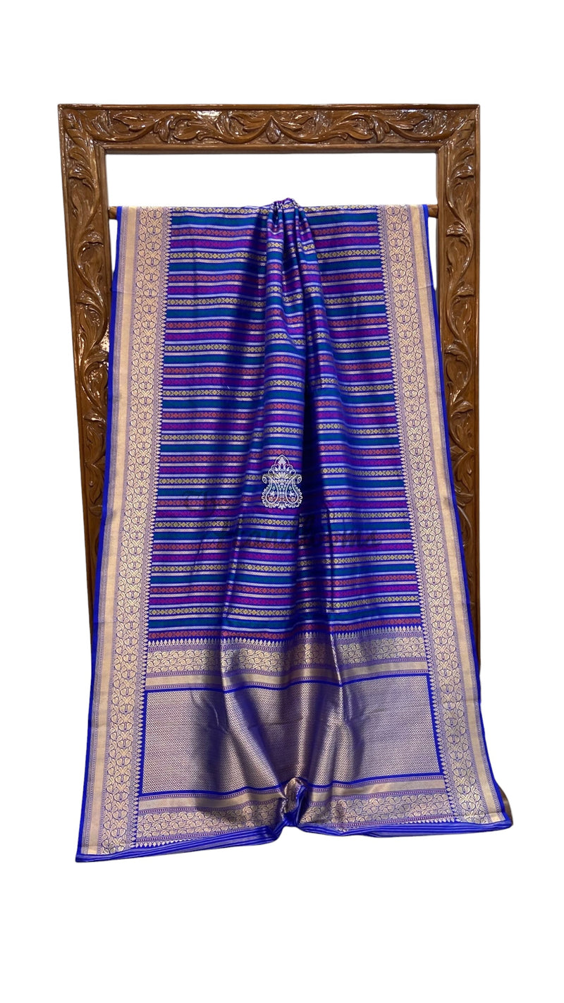 Royal Blue Pure Katan Silk Banarasi Handloom Saree - All Over Kadua Stripe