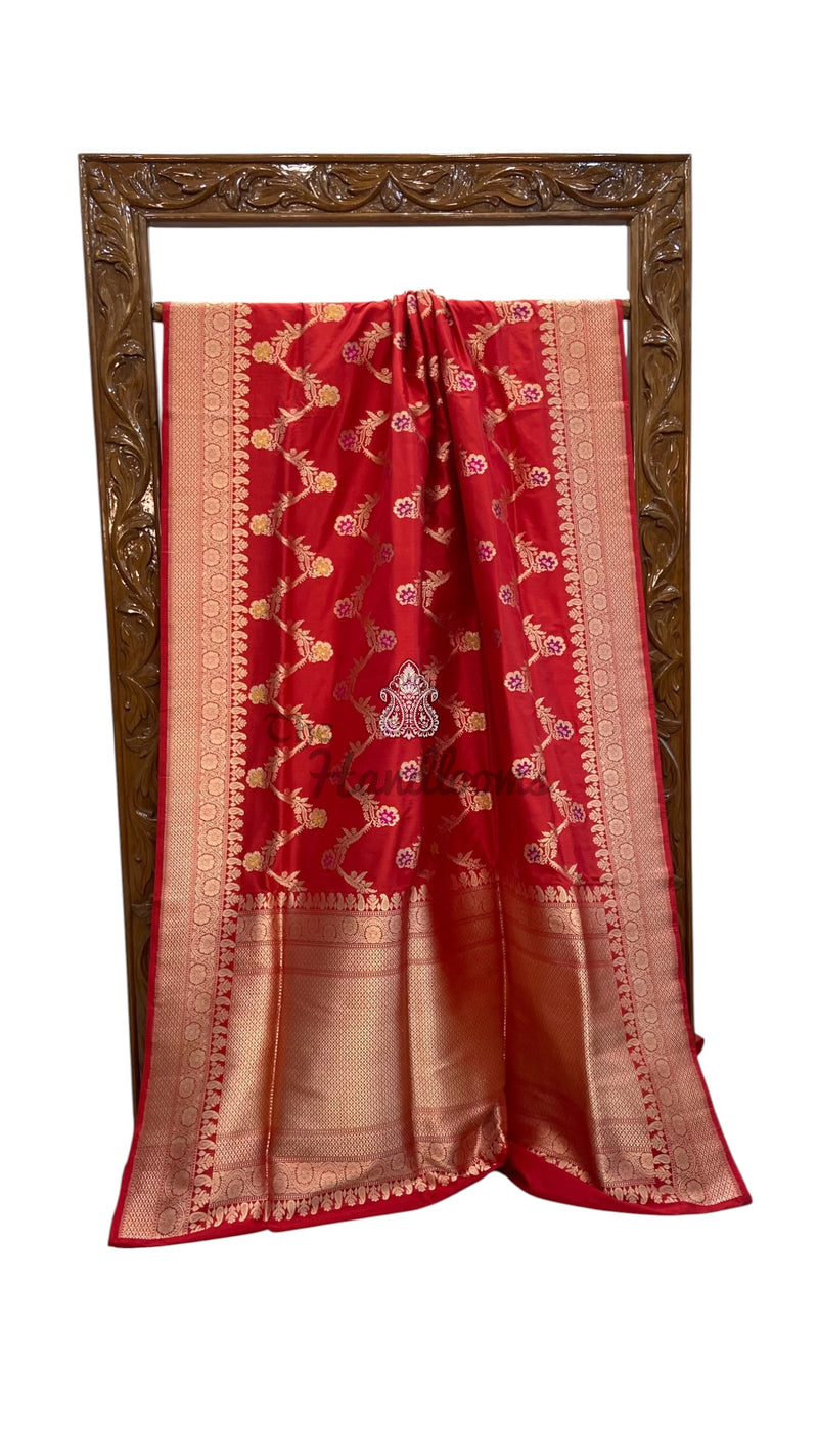 Red Pure Katan Silk Banarasi Handloom Saree - All Over Kadiyal Jaal Work