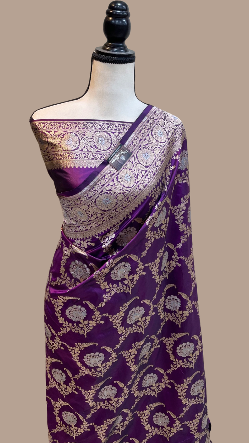 Pure Katan Silk Banarasi Handloom Saree - All over Sona Roopa Jaal work - The Handlooms