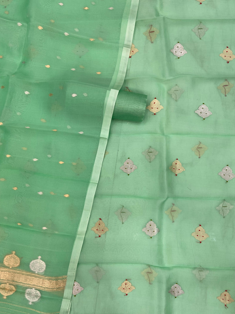 Pure  Kora Silk Handloom Banarasi Dress Material Kadua Boota With Kora Dupatta - The Handlooms