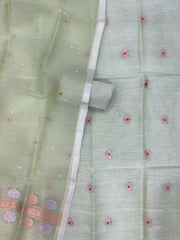 Pure Linen Handloom Banarasi Dress Material Kadua Boota With Kora Dupatta - The Handlooms