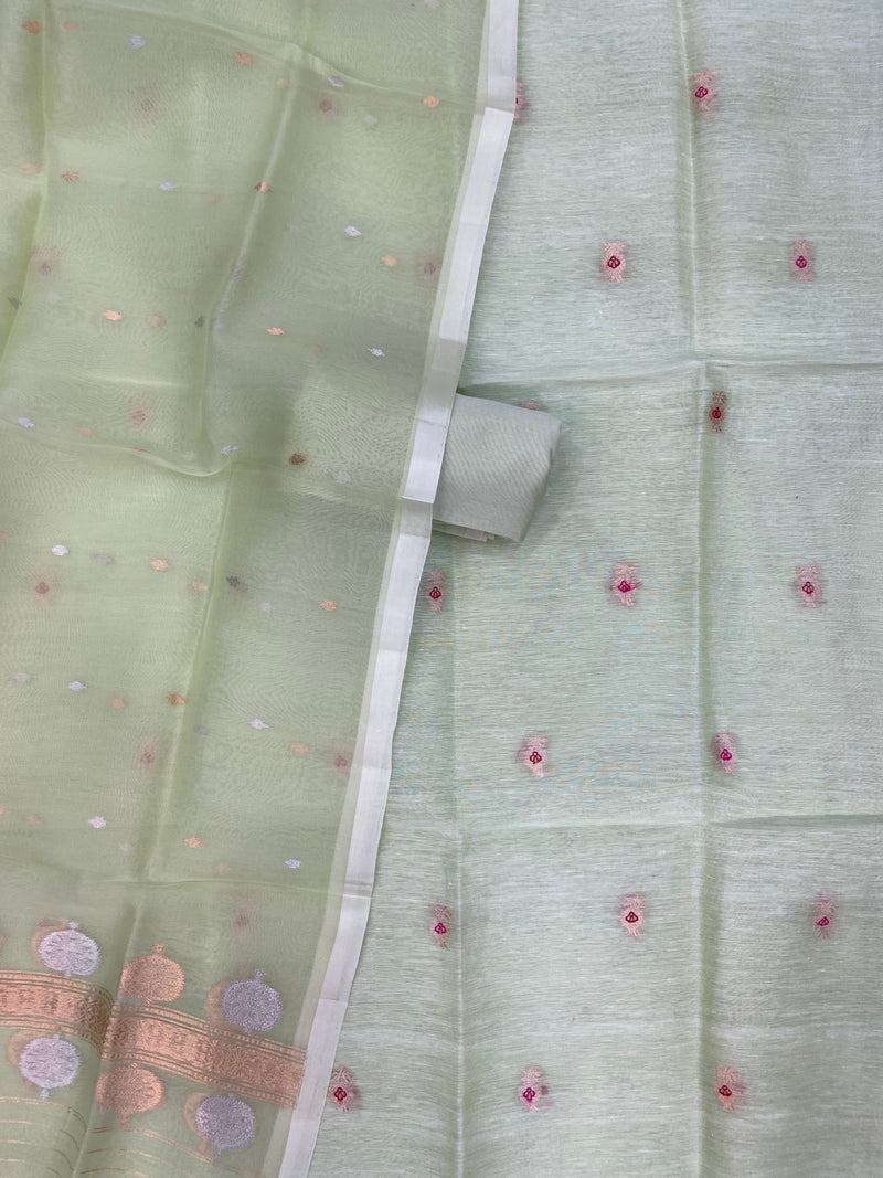 Pure Linen Handloom Banarasi Dress Material Kadua Boota With Kora Dupatta - The Handlooms