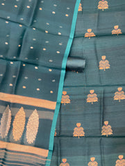 Pure Tussar Silk Handloom Banarasi Dress Material All Ovar Kadua Boota With Kora Dupatta - The Handlooms