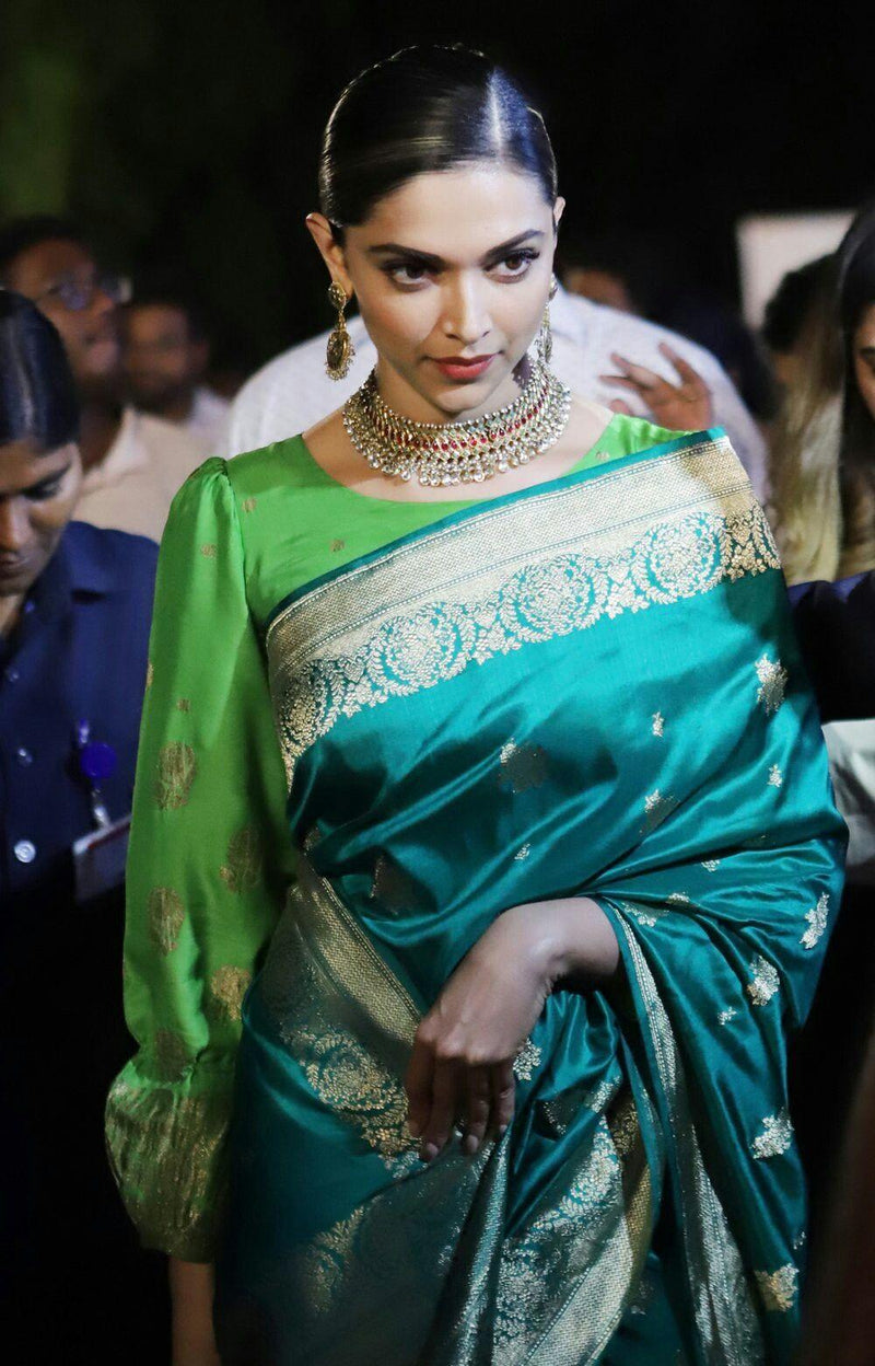 Deepika Padukone in Pure Katan Silk Banarasi Handloom Saree - All Over Motifs - The Handlooms