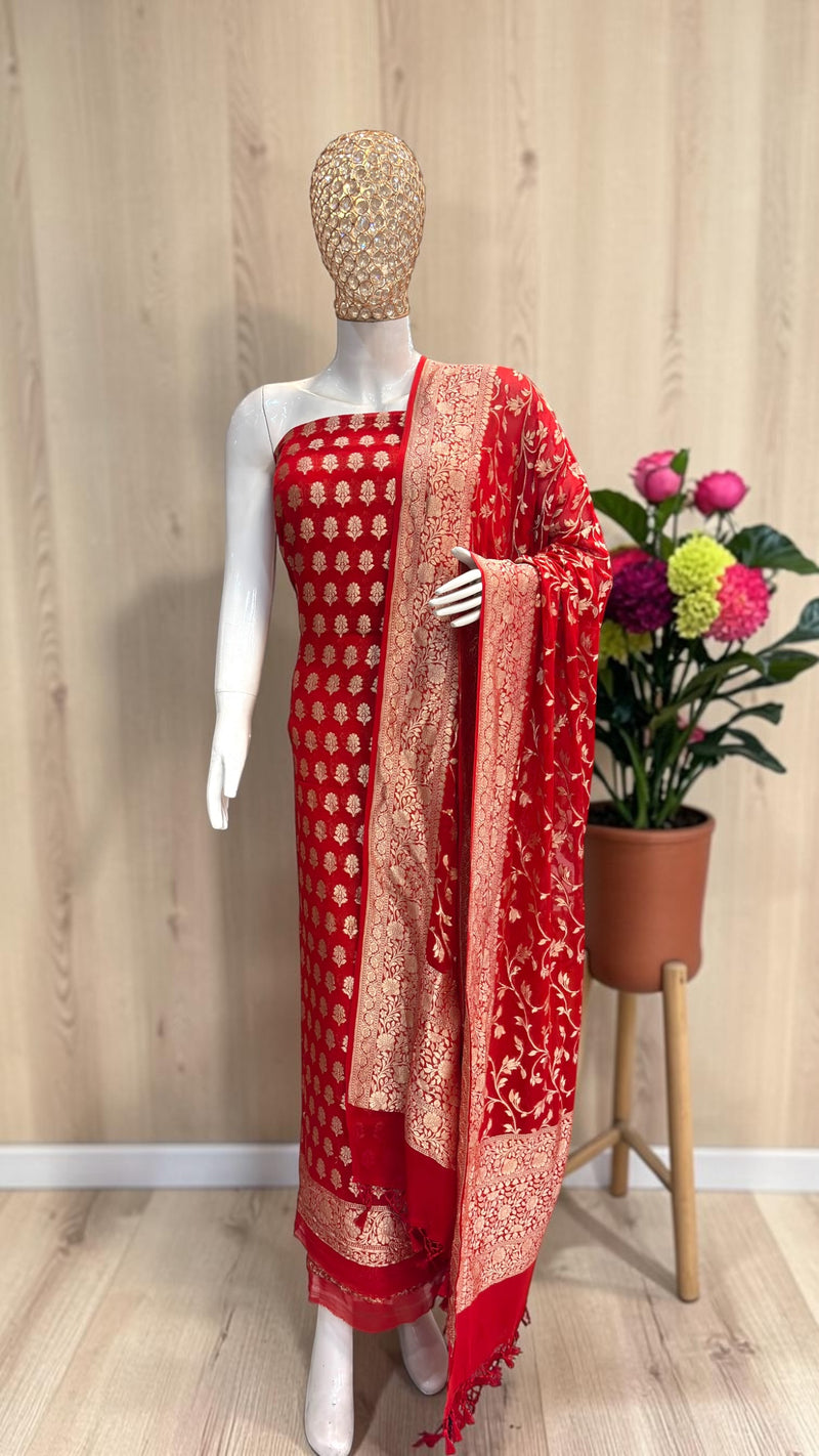 Pure Khaddi Georgette Handloom Banarasi Dress Material Water Zari