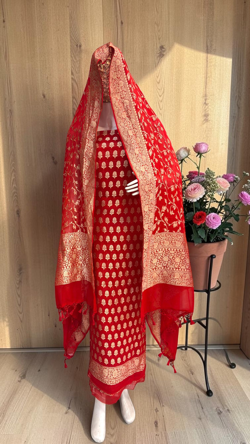 Pure Khaddi Georgette Handloom Banarasi Dress Material Water Zari