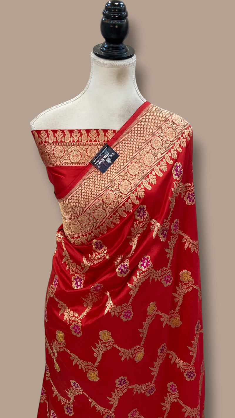 Red Pure Katan Silk Banarasi Handloom Saree - All Over Kadiyal Jaal Work