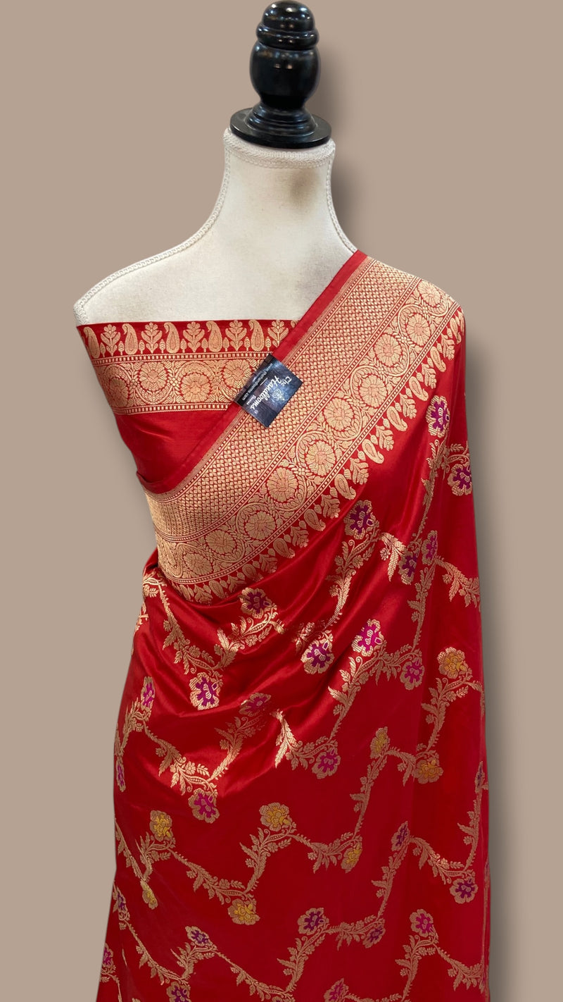 Red Pure Katan Silk Banarasi Handloom Saree - All Over Kadiyal Jaal Work