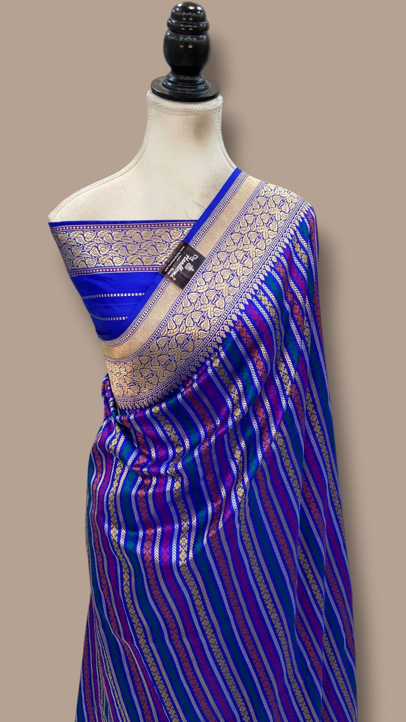 Royal Blue Pure Katan Silk Banarasi Handloom Saree - All Over Kadua Stripe