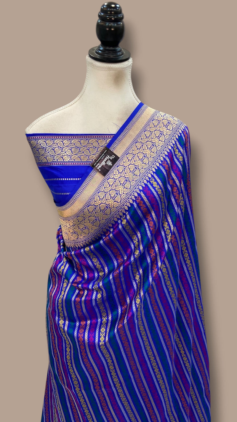 Royal Blue Pure Katan Silk Banarasi Handloom Saree - All Over Kadua Stripe