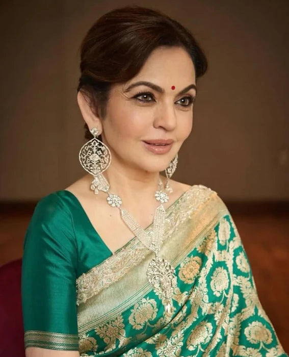 Nita Ambani Pure Katan Silk Banarasi Handloom Saree - All over Jaal work - With Meenakari - The Handlooms