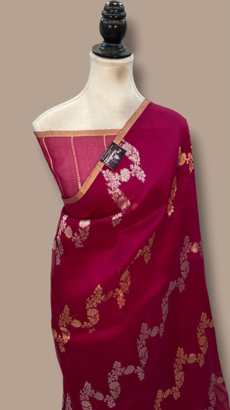 Magenta Pure Kora Silk Handloom Banarasi Saree
