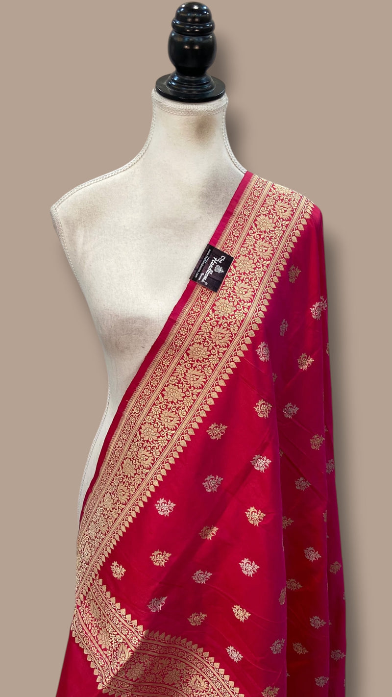 Pinkish Red Pure Katan Silk Handloom Banarasi Dupatta - All Over Sona Roopa Kadua Motifs