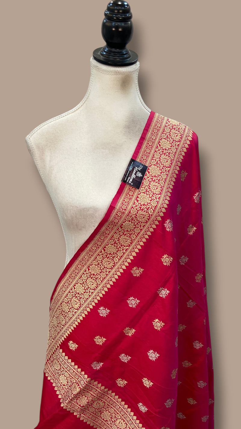 Pinkish Red Pure Katan Silk Handloom Banarasi Dupatta - All Over Sona Roopa Kadua Motifs