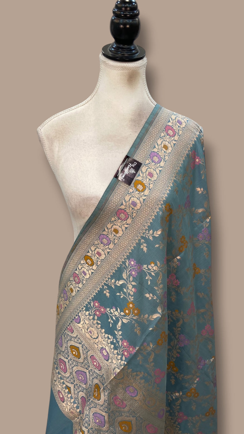 Dusty Blue Pure Katan Silk Handloom Banarasi Dupatta - Meenakari