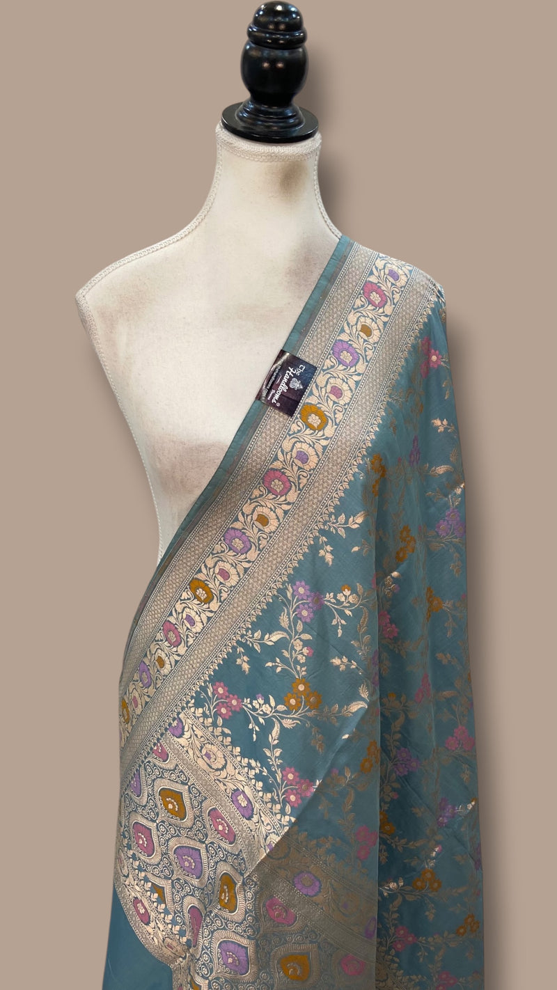 Dusty Blue Pure Katan Silk Handloom Banarasi Dupatta - Meenakari