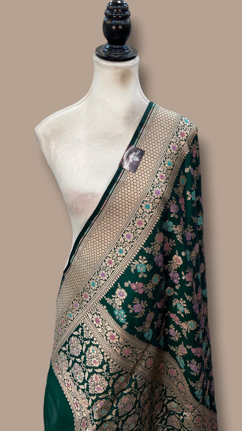 Dark Green Pure Katan Silk Handloom Banarasi Dupatta - Meenakari