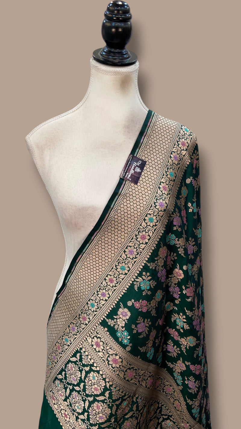 Dark Green Pure Katan Silk Handloom Banarasi Dupatta - Meenakari