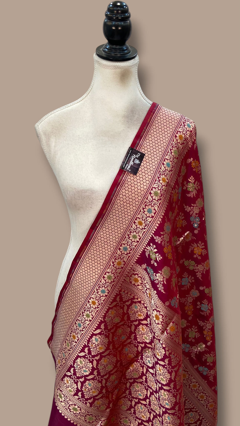 Wine Maroon Pure Katan Silk Handloom Banarasi Dupatta - Meenakari