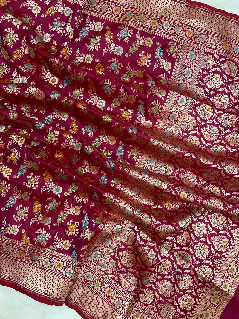 Wine Maroon Pure Katan Silk Handloom Banarasi Dupatta - Meenakari