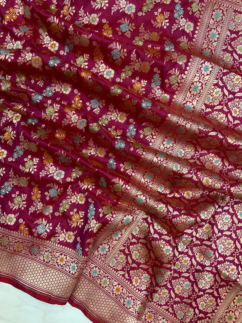 Wine Maroon Pure Katan Silk Handloom Banarasi Dupatta - Meenakari