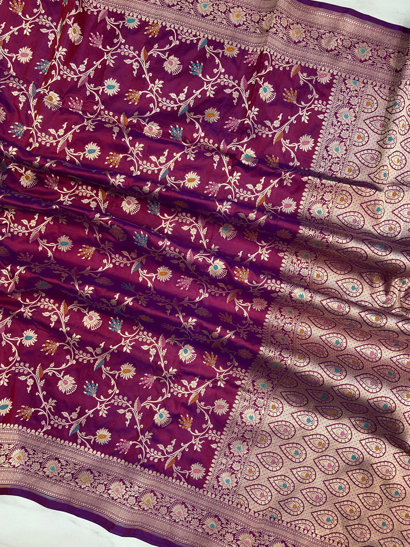 Magenta Pure Katan Silk Handloom Banarasi Dupatta - Meenakari