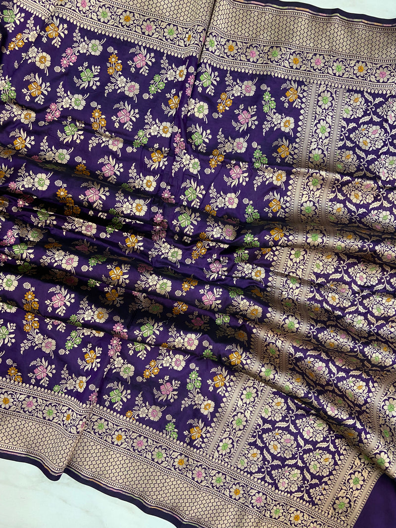 Deep Purple Pure Katan Silk Handloom Banarasi Dupatta - Meenakari