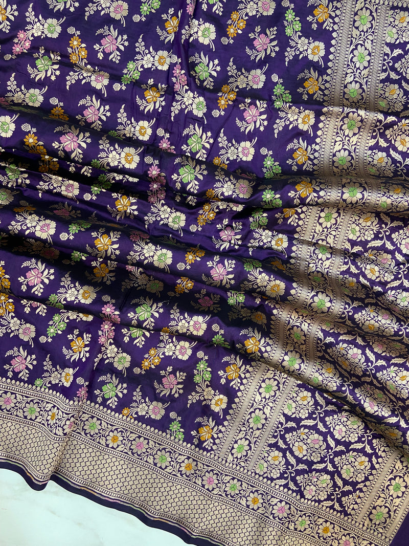 Deep Purple Pure Katan Silk Handloom Banarasi Dupatta - Meenakari