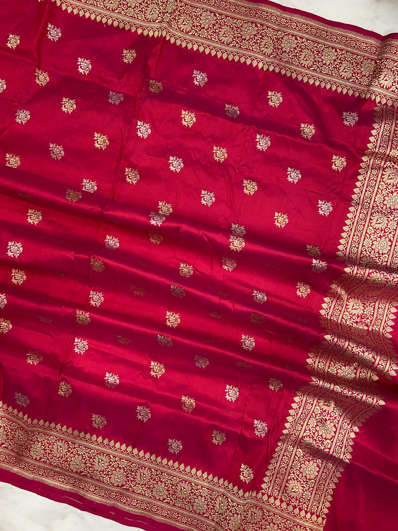 Pinkish Red Pure Katan Silk Handloom Banarasi Dupatta - All Over Sona Roopa Kadua Motifs
