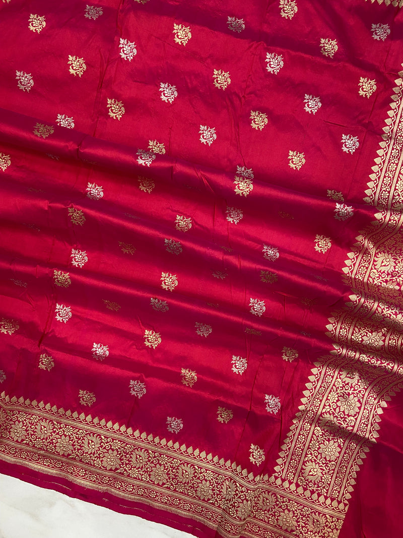 Pinkish Red Pure Katan Silk Handloom Banarasi Dupatta - All Over Sona Roopa Kadua Motifs