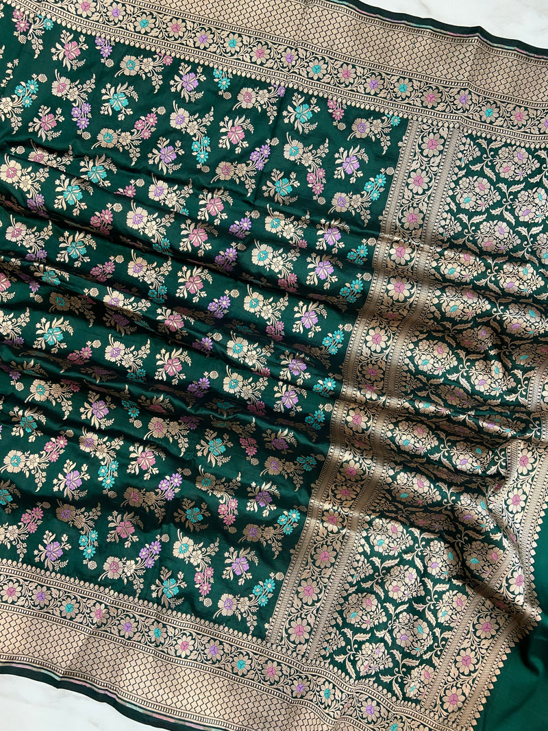 Dark Green Pure Katan Silk Handloom Banarasi Dupatta - Meenakari