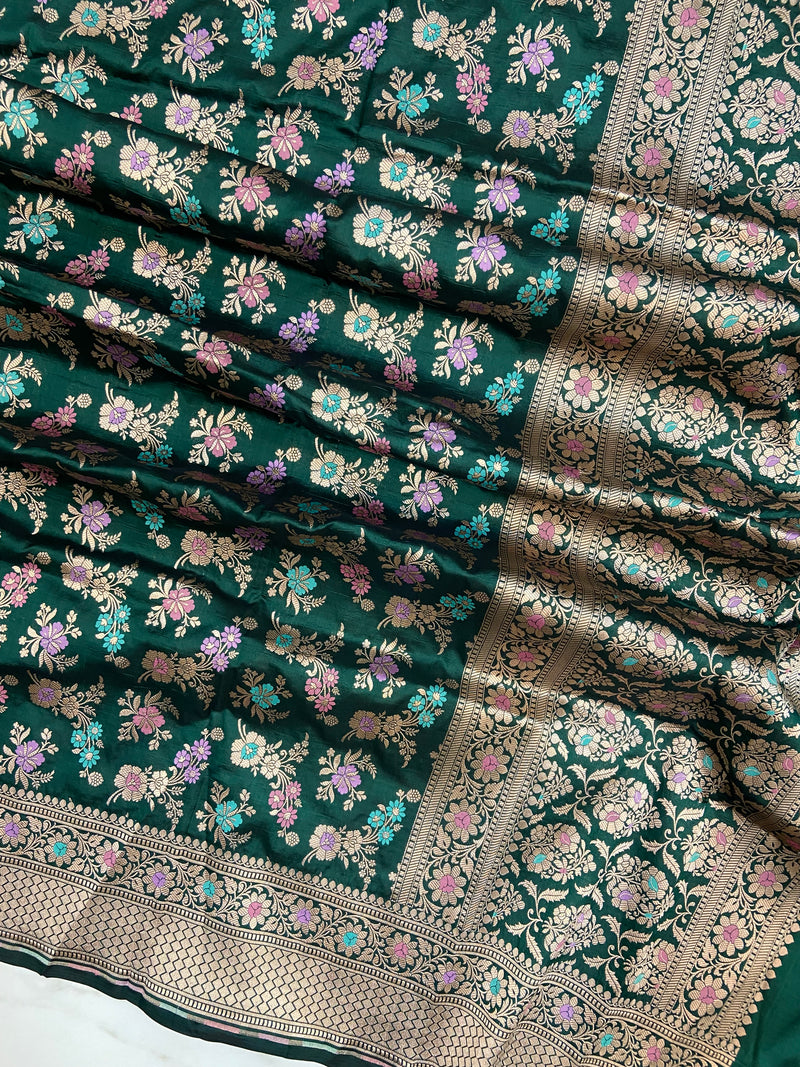 Dark Green Pure Katan Silk Handloom Banarasi Dupatta - Meenakari