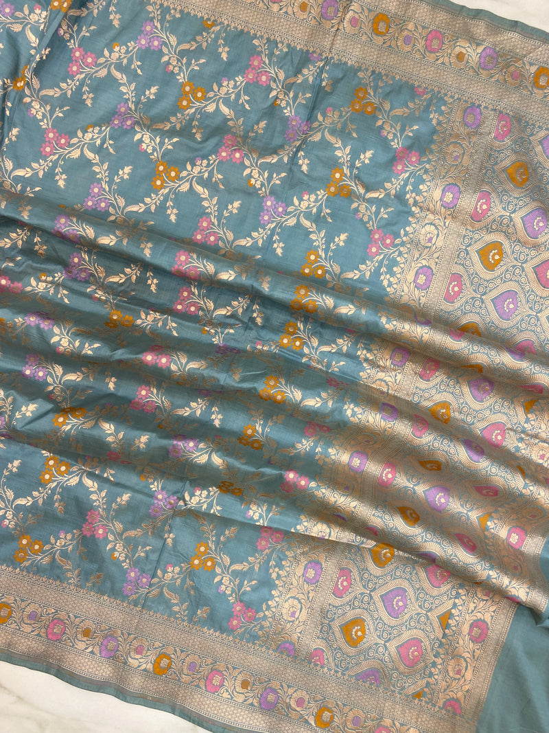 Dusty Blue Pure Katan Silk Handloom Banarasi Dupatta - Meenakari