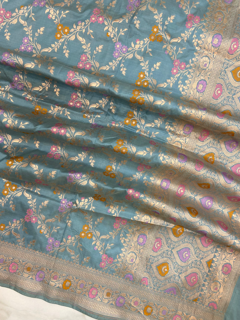 Dusty Blue Pure Katan Silk Handloom Banarasi Dupatta - Meenakari