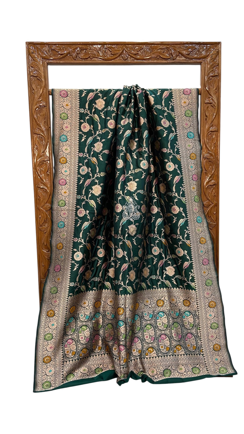 Bottle Green Pure Katan Silk Banarasi Handloom Saree - All Over Jaal Work - With Meenakari