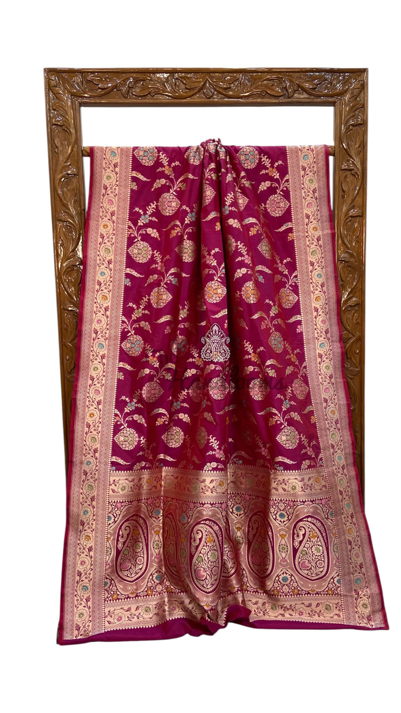 Magenta Pure Katan Silk Banarasi Handloom Saree - All Over Jaal Work - With Meenakari