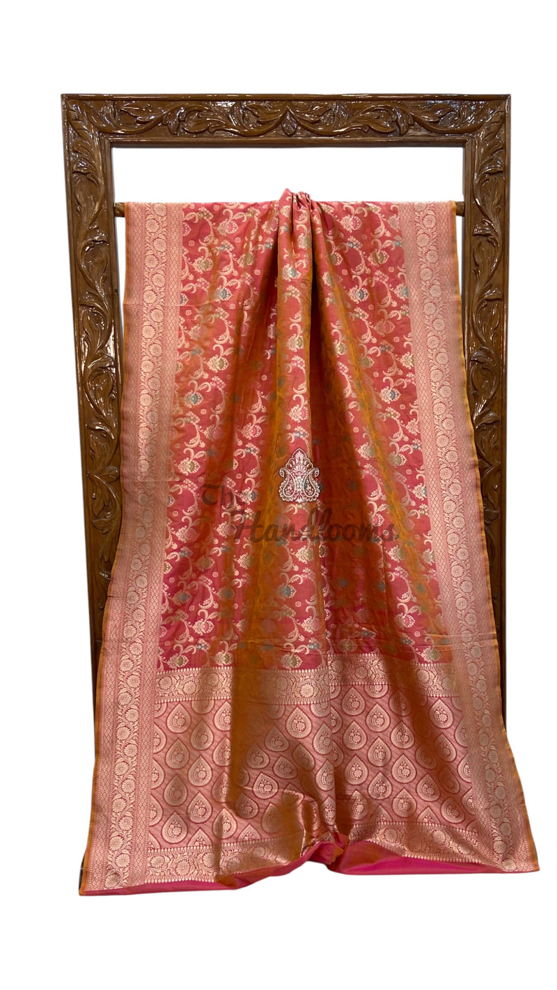 Coral Orange Pure Katan Silk Banarasi Handloom Saree - All Over Jaal Work - With Meenakari