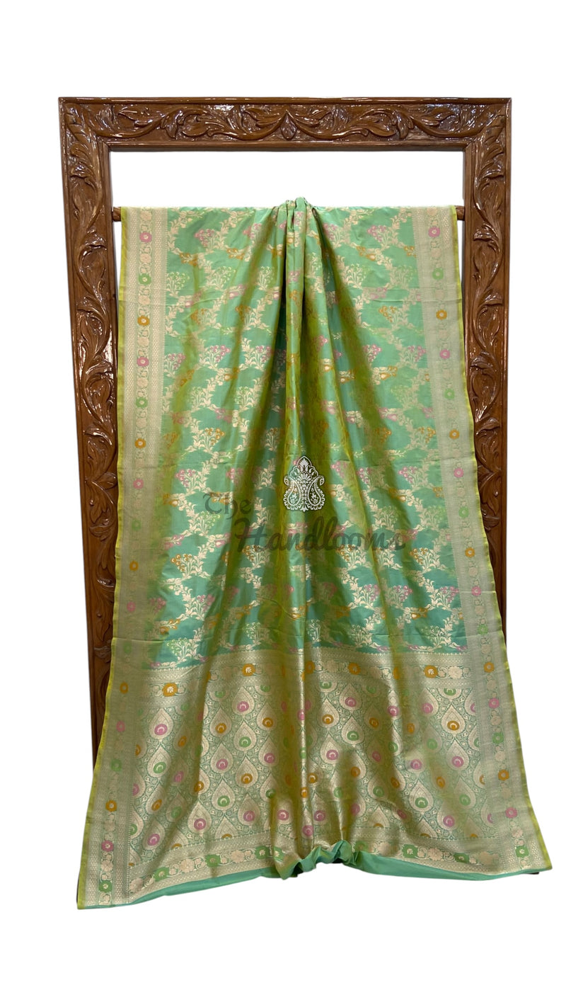 Sage Green Pure Katan Silk Banarasi Handloom Saree - All Over Jaal Work - With Meenakari