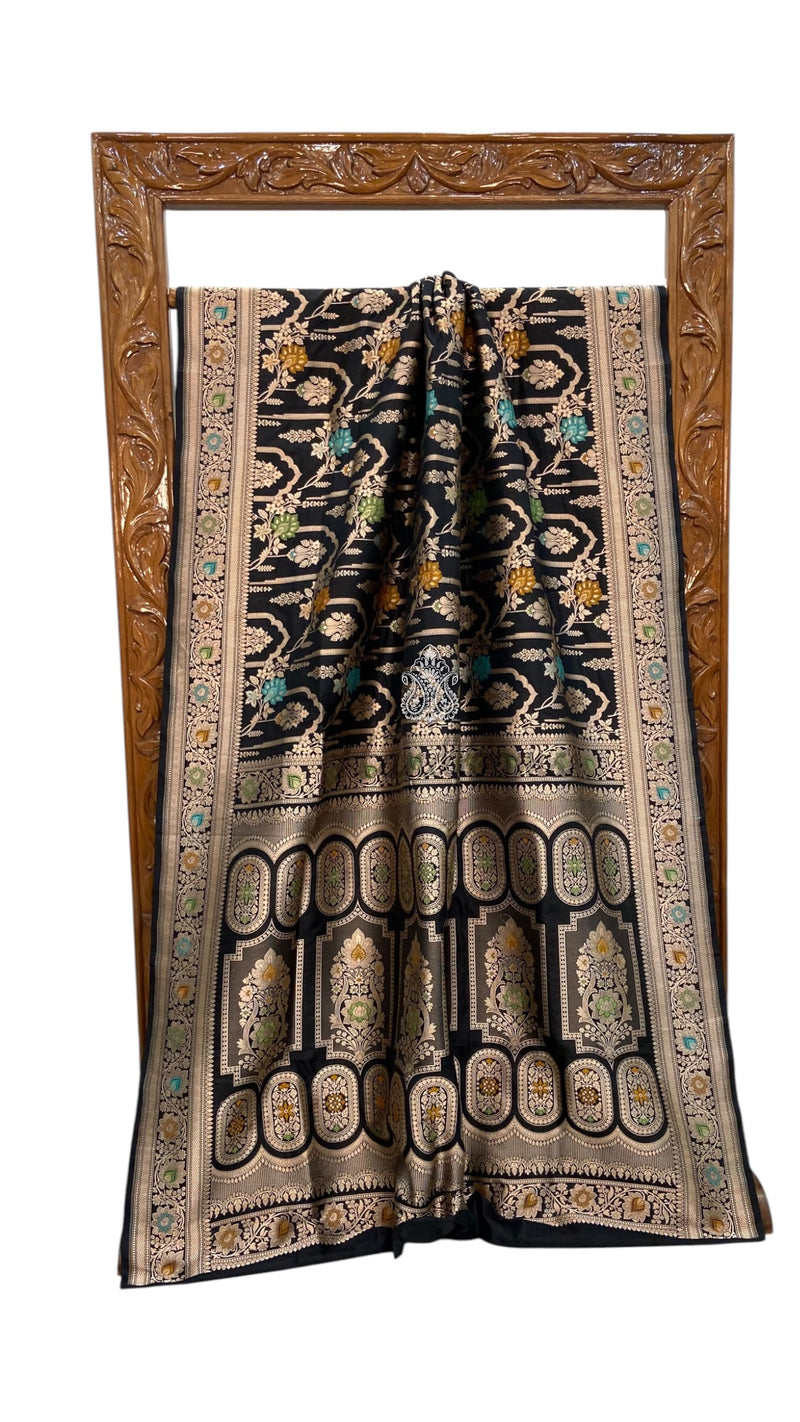 Black Pure Katan Silk Banarasi Handloom Saree - All Over Jaal Work - With Meenakari
