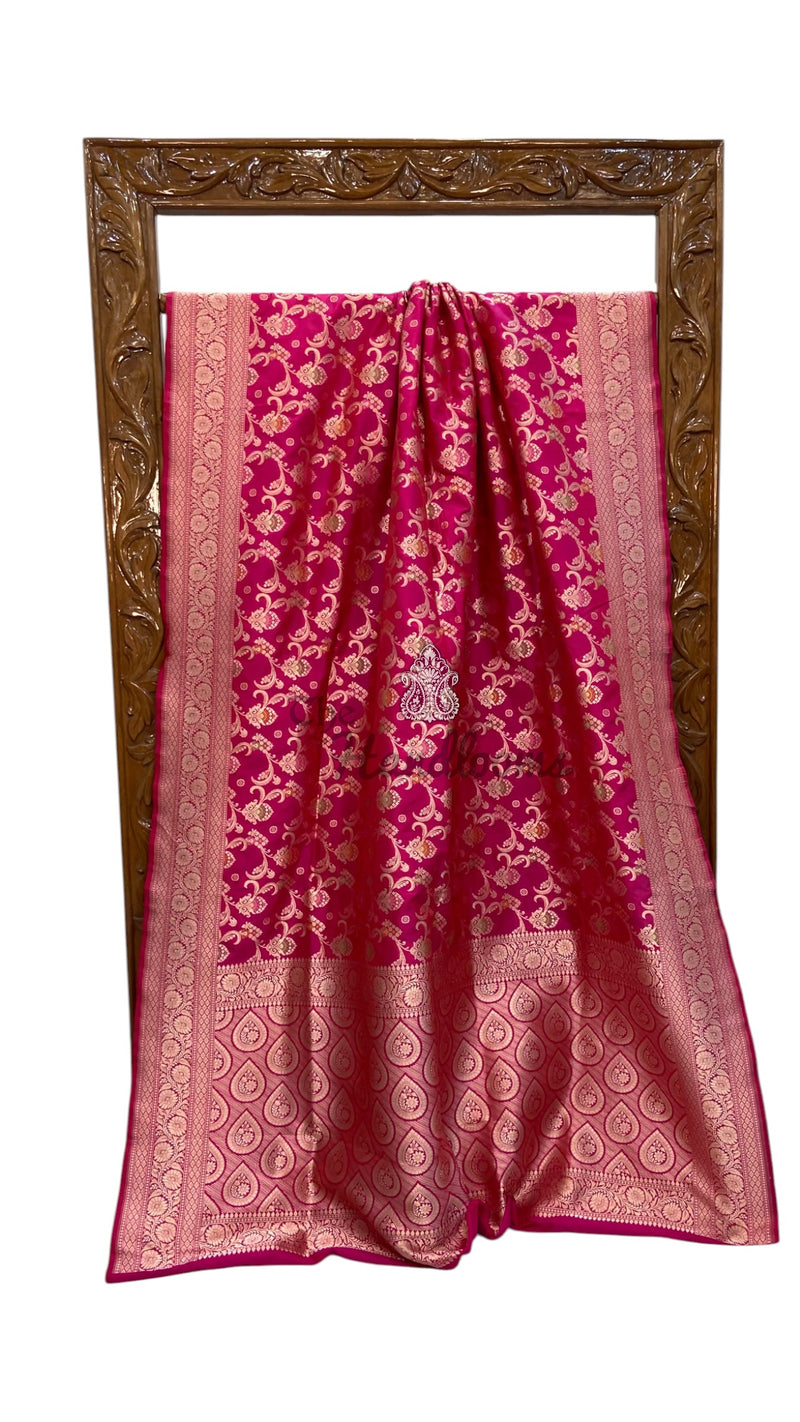 Hot Pink Pure Katan Silk Banarasi Handloom Saree - All Over Jaal Work - With Meenakari