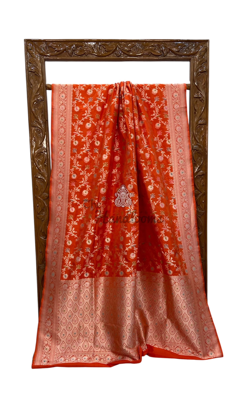 Orange Pure Katan Silk Banarasi Handloom Saree - All Over Jaal Work - With Meenakari