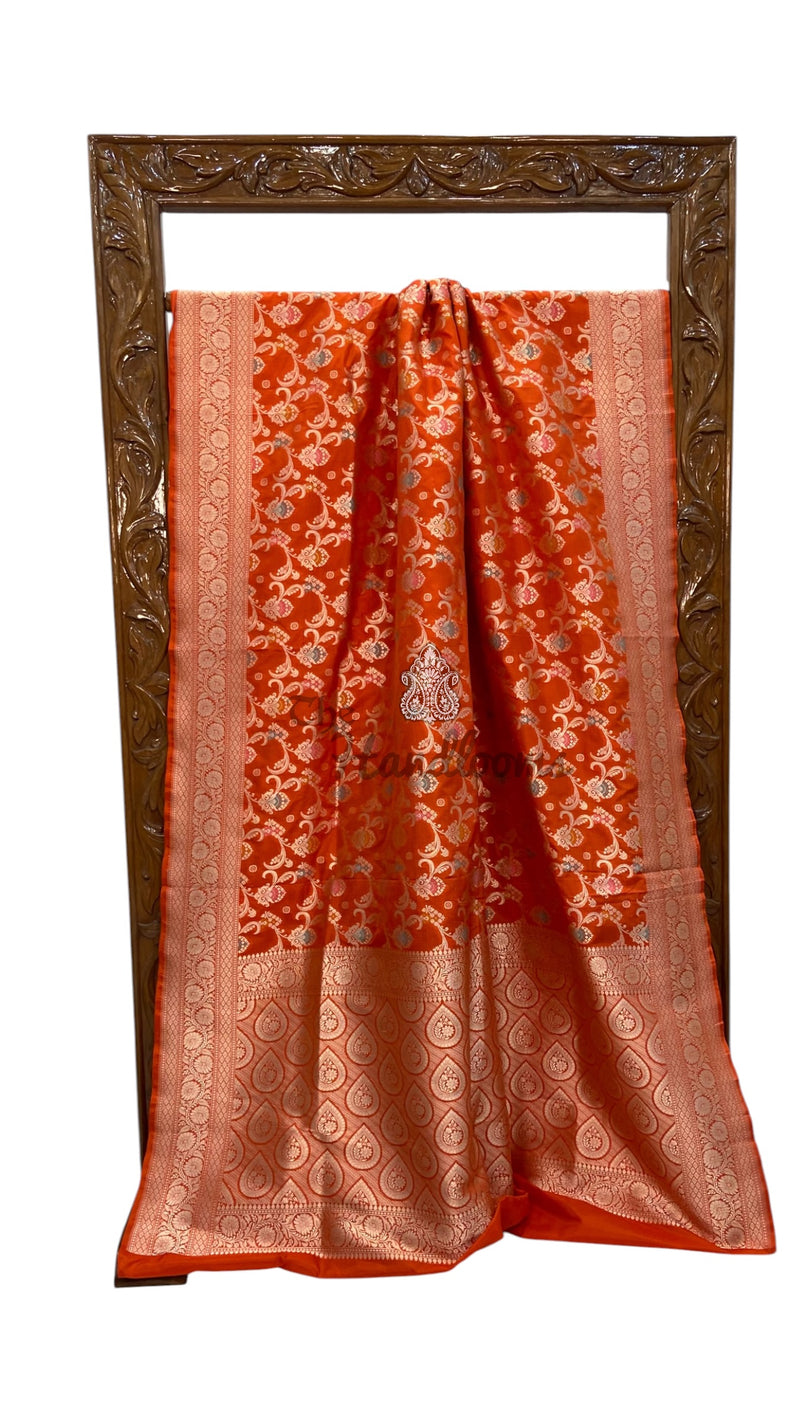 Orange Pure Katan Silk Banarasi Handloom Saree - All Over Jaal Work - With Meenakari