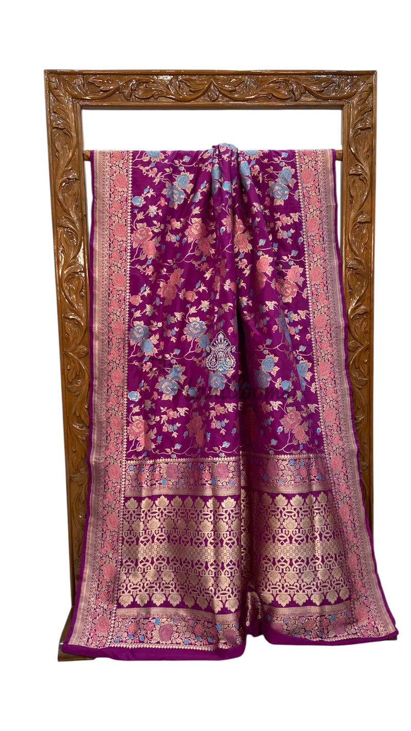 Purple Pure Katan Silk Banarasi Handloom Saree - All Over Jaal Work - With Meenakari