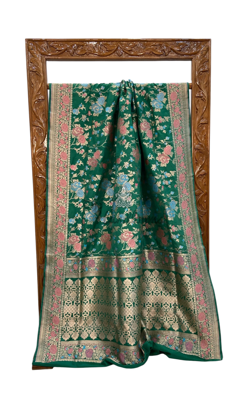 Emerald Green Pure Katan Silk Banarasi Handloom Saree - All Over Jaal Work - With Meenakari